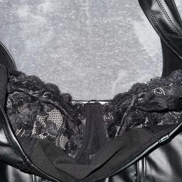 Popilush Faux Leather Lace Shapewear Bodysuit Tummy Control Thong Underwire Sz M - Picture 3 of 10